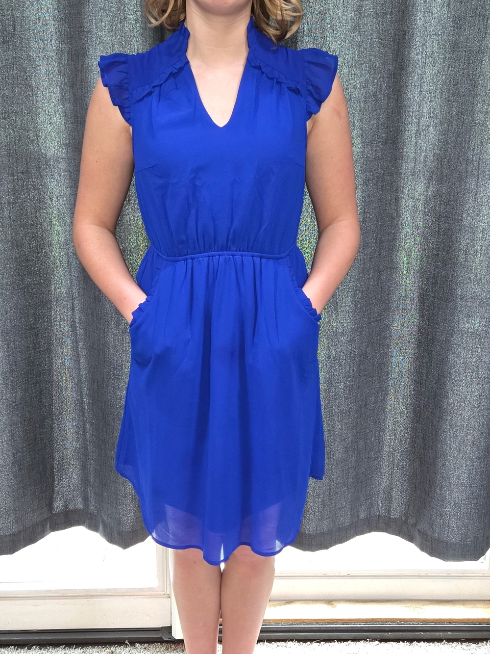 Blue V-Neck Ruffle Sleeve Dress